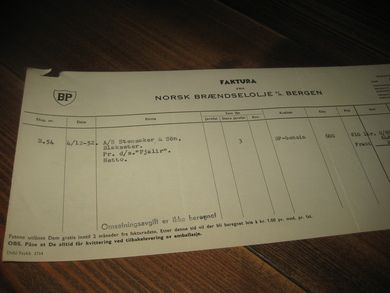 NORSK BRÆNDSELOLJE, BERGEN. 4.12.1952. B. 54. Sendt med d/s Fjalir. 