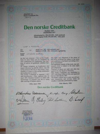 Den norske Creditbank,  10 aksjer, 1983, aksjebrev  nr 313502