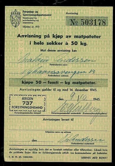 Anvisning på kjøp av matpoteter i hele sekker a 50 kg, 1945, No. 503178