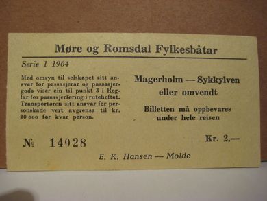 1964,serie 1, billett fra Møre og Romsdal Fylkesbåtar, Magerholm- Sykkylven eller omvendt, no. 14028