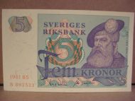 1981 BS, 5 KRONOR, B 892533, strøken seddel.