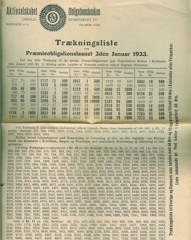 Trækningsliste over Præmieobligasjonslånet 2den januar 1923. Fra Aktieselskabet Obligasjonsbanken.