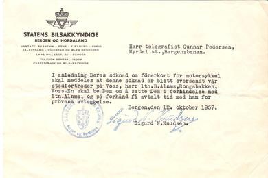 Brev fra Statens Bilsakkyndige i 1957