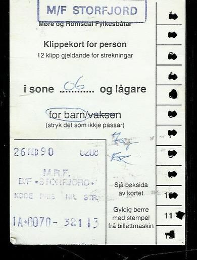 Rabattkort for person,  fra Møre og Romsdals Fylkesbåtar.                    STORFJORD 26. FEB. 90