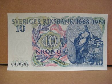 1968, 10 KRONOR, 0458287, meget pen seddel