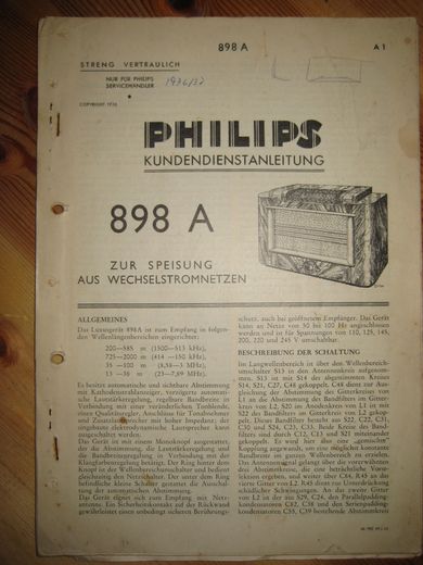 Phillips sercice dokumentasjon for 898A. 1936.