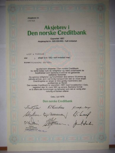 Den norske Creditbank,  3 aksjer, 1979, aksjebrev  nr 215185