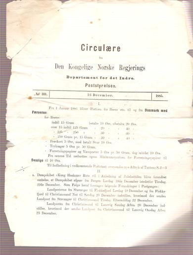 1885,nr 030, Cirkulære fra Den Kongelige Norske Regjerings Marine- og Post- Departement.