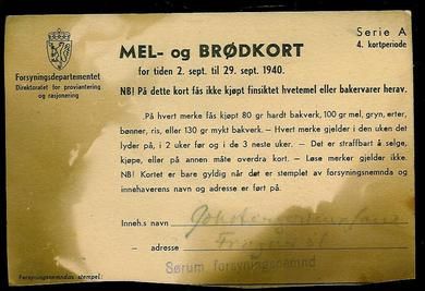 MEL- og BRØDKORT for tiden 2. sept. til 29. sept 1940.