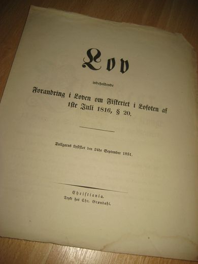 1851, Lov indeholdende Forandring i Loven om Fiskeriet i Lofoten af 1ste Juli 1816.