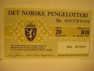 1985, trekning 818,                  DET NORSKE PENGELOTTERI.            Nr. 0073890.