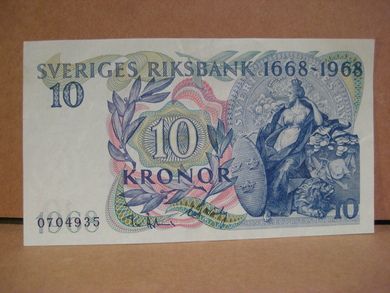 1968, 10 KRONOR, 0704935, pen seddel med brett