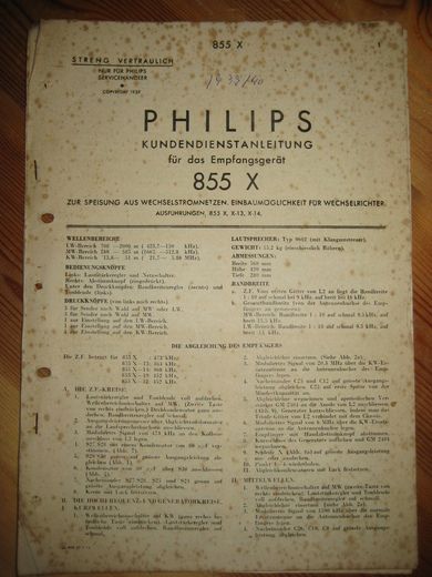 Phillips sercice dokumentasjon for 855X. 1939.