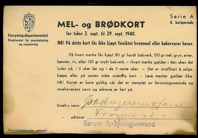 MEL- og BRØDKORT for tiden 2. sept. til 29. sept 1940.