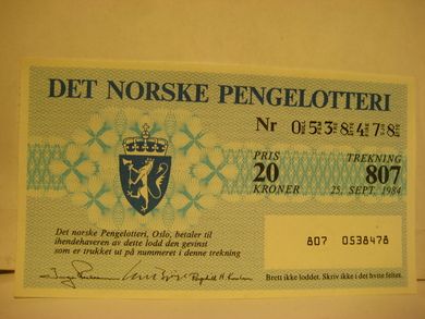 1984, trekning 807,                  DET NORSKE PENGELOTTERI.            Nr. 0538478.