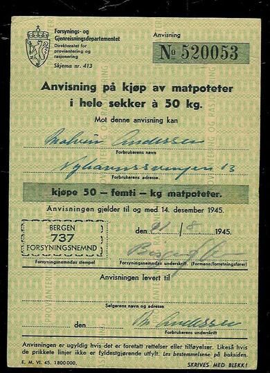 Anvisning på kjøp av matpoteter i hele sekker a 50 kg, 1945, No. 520053