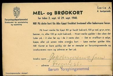 MEL- og BRØDKORT for tiden 2. sept. til 29. sept 1940.