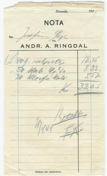 Nota fra ANDR. A. RINGDAL, Stranda 1944