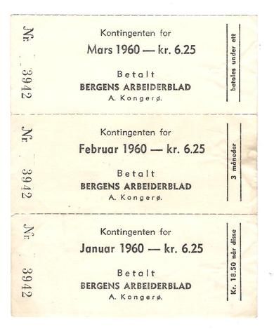 Betalt kontogent for BERGENS ARBEIDERBLAD januar, februar og mars 1960