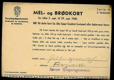 MEL- og BRØDKORT for tiden 2. sept. til 29. sept 1940.