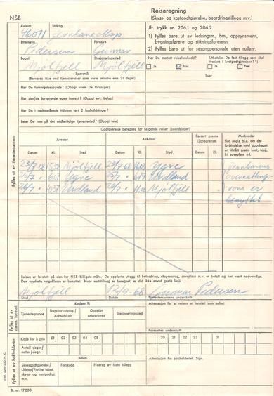 Reiserekning fra NSB 12/9- 1968.