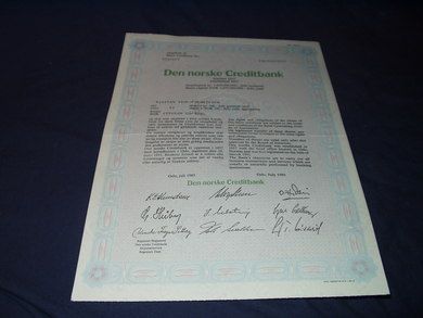 Aksjebrev i Den Norske Creditbank 1985.