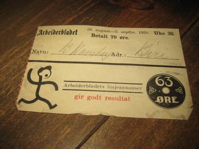 Kvitering fra Arbeiderbladet for betalt abbonement for uke 36, 1938.