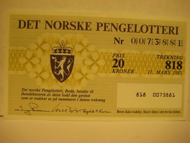 1985, trekning 818,                  DET NORSKE PENGELOTTERI.            Nr. 0073881.