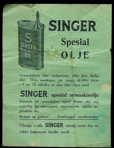 Reklamesak for SINGER SPESIAL OLJE. Grønn.