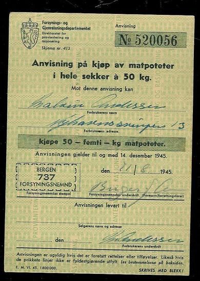 Anvisning på kjøp av matpoteter i hele sekker a 50 kg, 1945, No. 520056