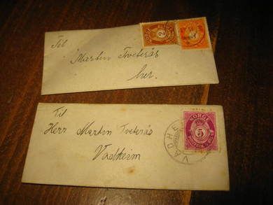 Lot med 2 mini konvolutter med pent stempel VADHEIM 1944.