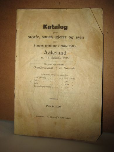 1923, KATALOG OVER STORFE, SAUER, GJETER OG SVIN VED STATENS UTSTILLING I MØRE FYLKE AALESUND 13.-14. SEPTEMBER 1923.