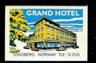 Reklamefyrstikker fra GRAND HOTEL, TØNSBERG, 80 tallet