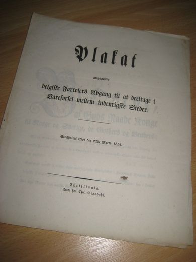 Placat angaaende belgiske Fartøyers Adgang til at deltage i Førsel mellem indenrigske Steder. 1858.