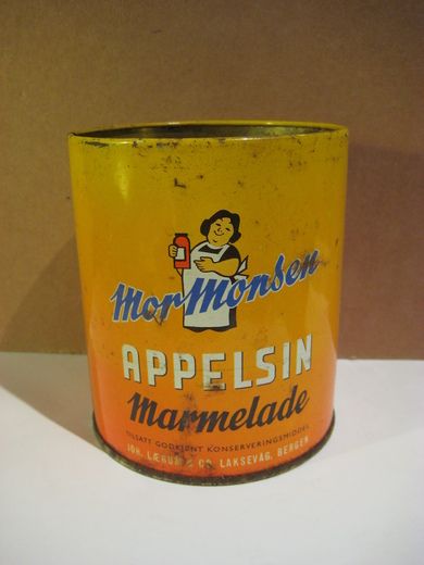 Nostalgisk MOR MONSEN APELSINMARMELADE spann, uten lokk, fra JOH. LÆRUM & CO, LAKSEVÅG- BERGEN, 50 tallet.