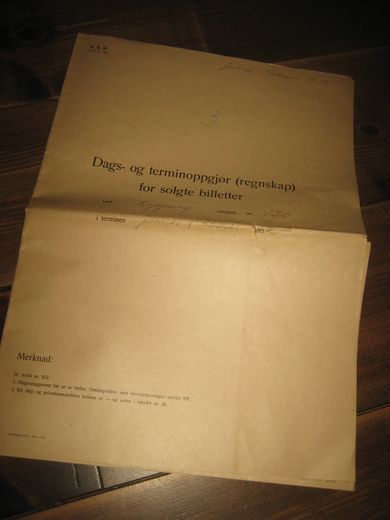 Dags og terminoppgjør (regneskap) for solgte billetter ved  KOPPANG stasjon nr 920 i terminen januar / februar 1952.  