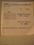 Billett fra Møre og Romsdal Fylkesbåter, fergestrekninga Magerholm- Aure (Sykkylven). Fra 1958. Billett nr 4566, for bil.