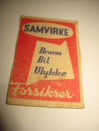 Forsida på eldre fyrstikkeske, SAMVIRKE forsikrer, 60 tallet. 