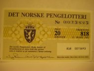 1985, trekning 818,                  DET NORSKE PENGELOTTERI.            Nr. 0073893.