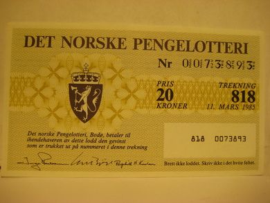 1985, trekning 818,                  DET NORSKE PENGELOTTERI.            Nr. 0073893.