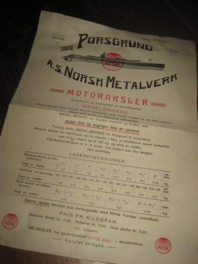 Reklamesak fra Norsk Metallverk, Porsgrund. Tidleg 1900.