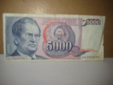 Seddel fra Jugoslavia, 5000 DINARA. AA5558494. 1985.