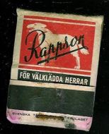 Fyrstikker med reklame, Rappson FOR VELKLEDDA HERRAR. Fra Albert Rapp Konfeksjonsfabrik, Ørebro