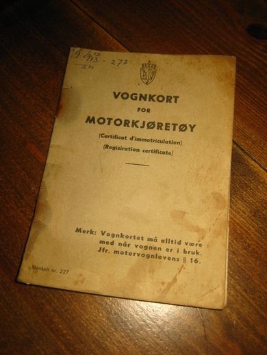 Eldre vognkort for motorkjæretøy. 60 tallet.