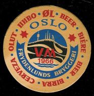 Ølbrikke med reklame for VM i OSLO 1966. Fra FRYDENLUND BRYGGERI.