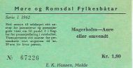 67226, Billett fra Møre og Romsdal Fylkesbåter i 1962.