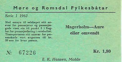 67226, Billett fra Møre og Romsdal Fylkesbåter i 1962.