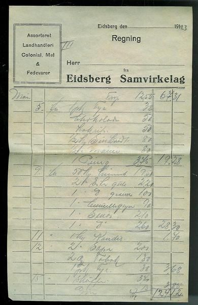 Faktura fra Eidsberg Samvirkelag i 1923. (mai)