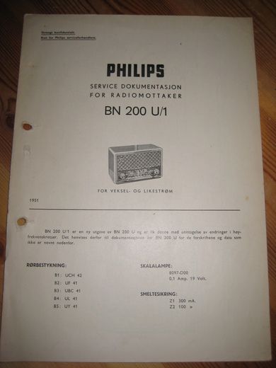 Phillips sercice dokumentasjon for BN 200 U/1. 1951.