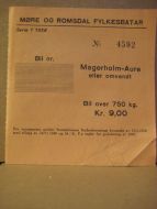 Billett fra Møre og Romsdal Fylkesbåter, fergestrekninga Magerholm- Aure (Sykkylven). Fra 1958. Billett nr 4592, for bil.